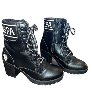 New US POLO ASSN Black Boots Lace & Zip up Military Biker Style Block Heels Sz 8